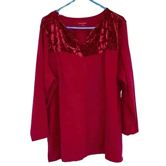 Catherines top tunic 2X v neck 3/4 sleeve red velvet floral brocade trim - Picture 1 of 6